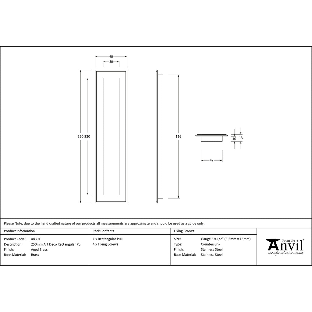 Aged Brass 250mm Art Deco Rectangular Pull | From The Anvil-Cabinet Pulls-Yester Home