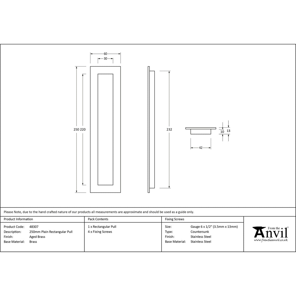 Aged Brass 250mm Plain Rectangular Pull | From The Anvil-Cabinet Pulls-Yester Home