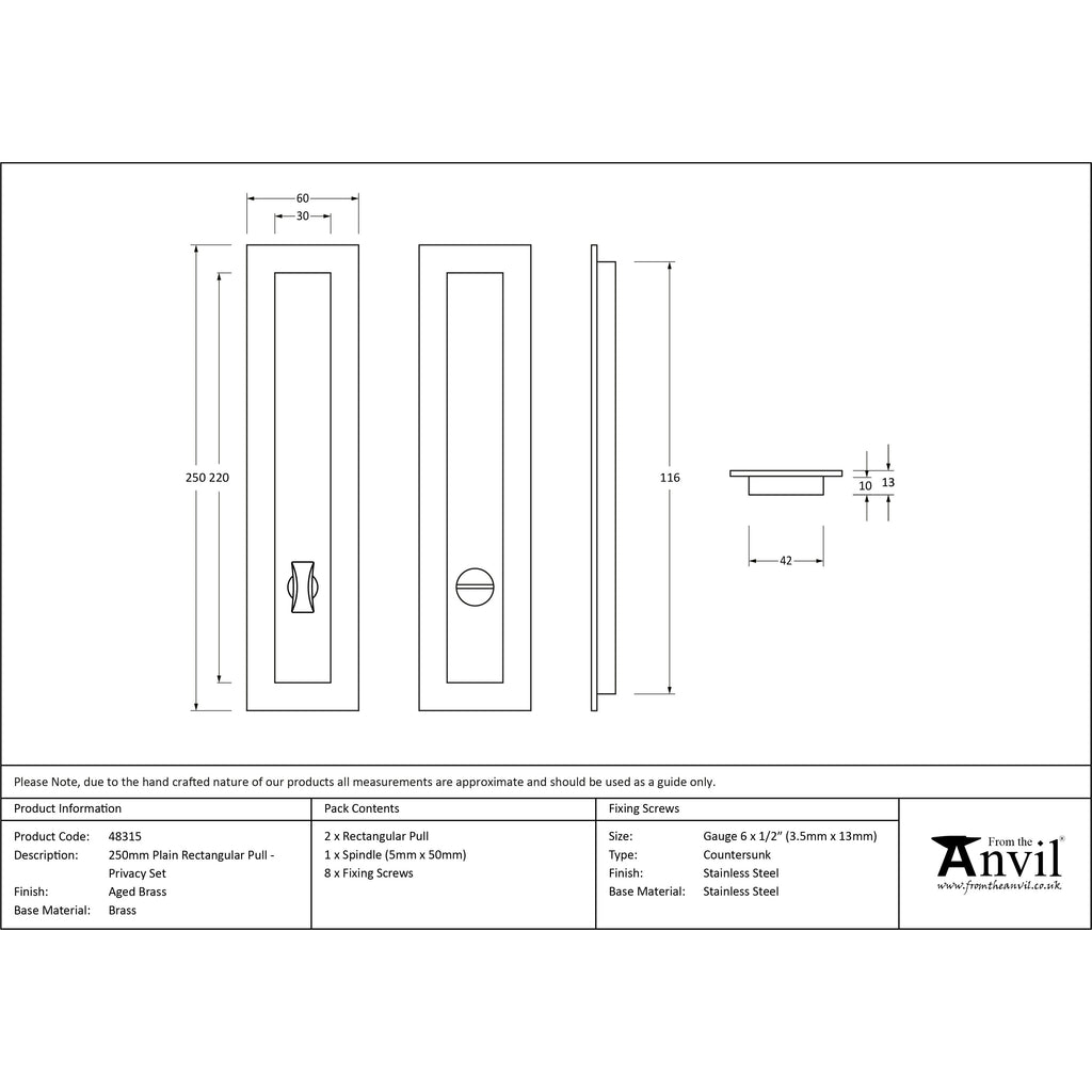 Aged Brass 250mm Plain Rectangular Pull - Privacy Set | From The Anvil-Cabinet Pulls-Yester Home