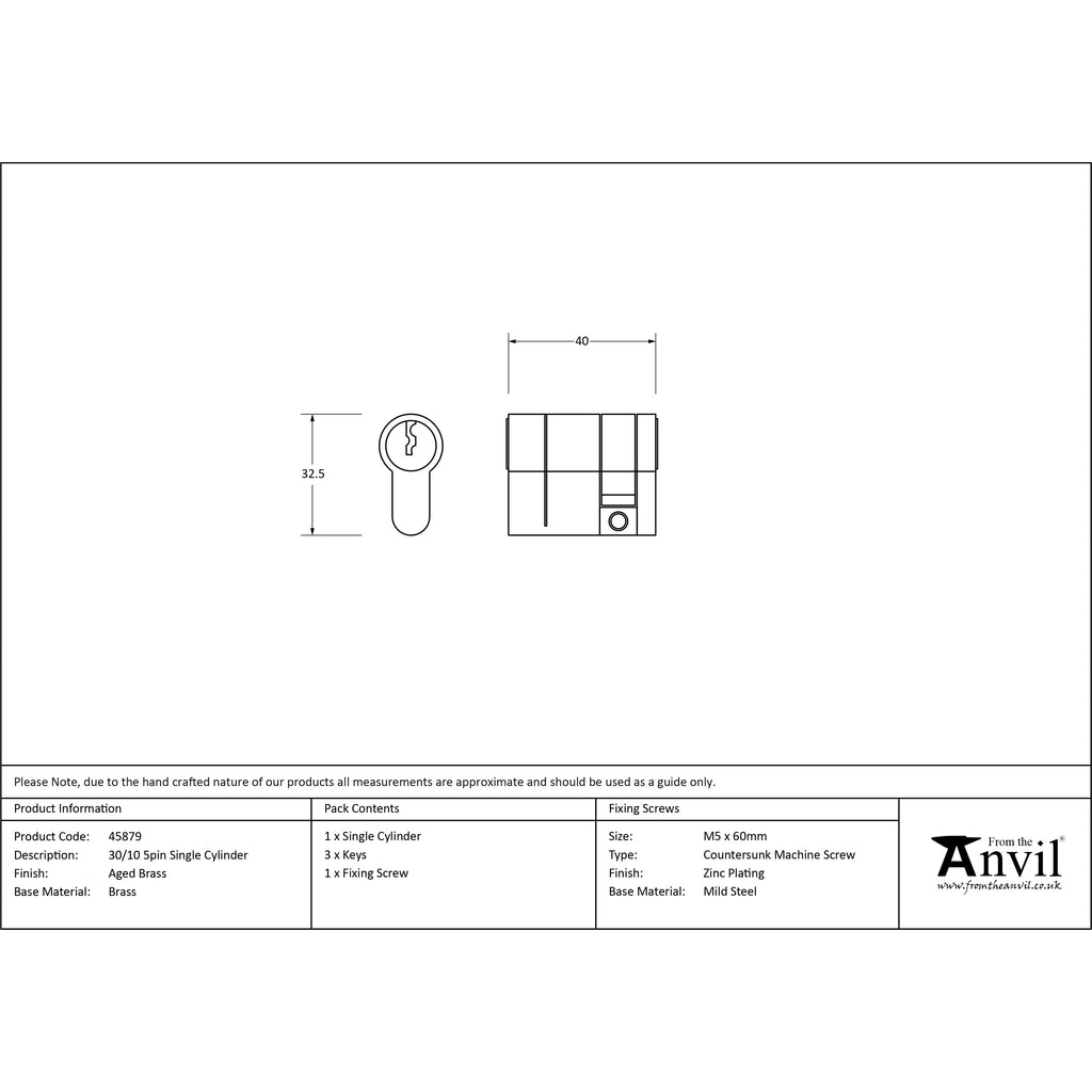 Aged Brass 30/10 5pin Single Cylinder | From The Anvil-Euro Cylinders-Yester Home