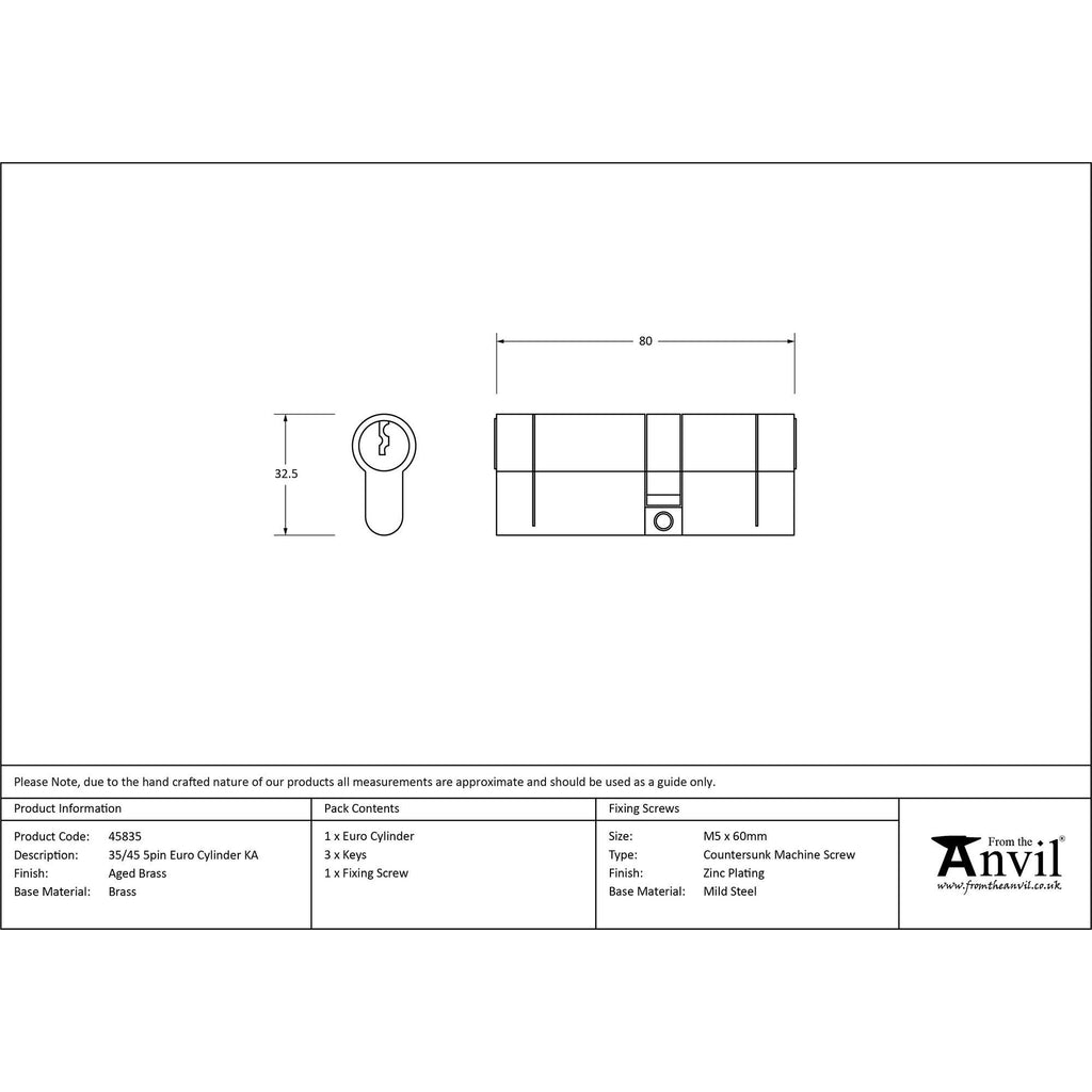 Aged Brass 35/45 5pin Euro Cylinder KA | From The Anvil - Euro Cylinders - From The Anvil - Yester Home