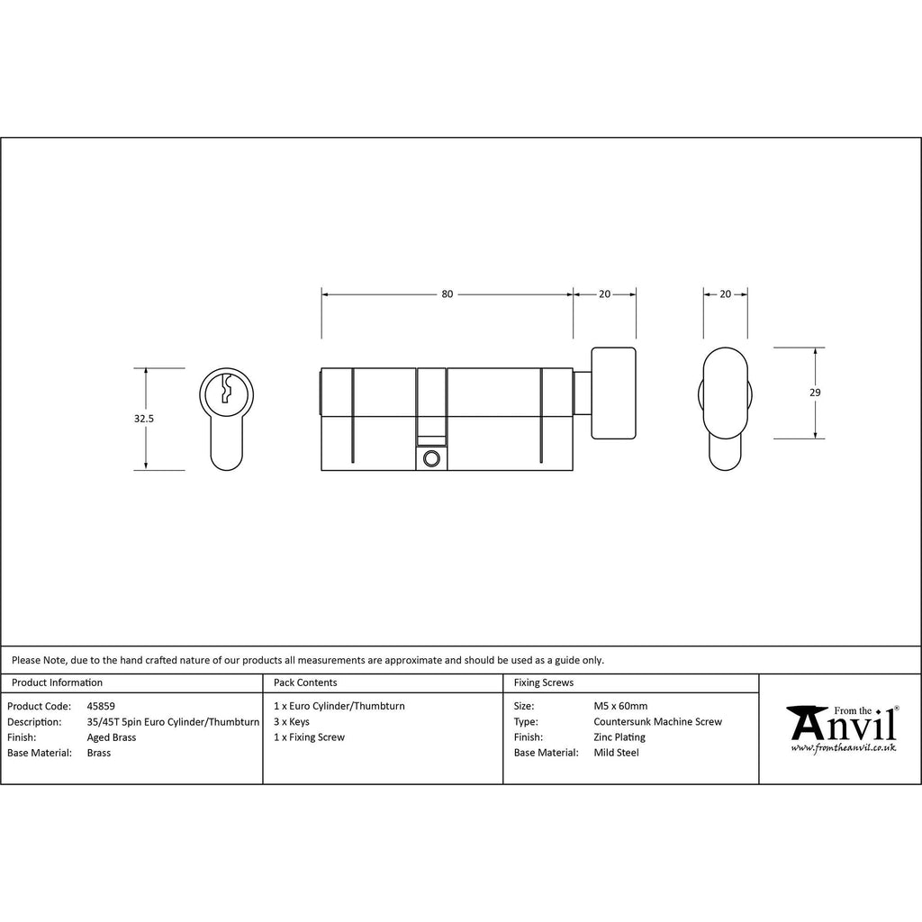 Aged Brass 35/45T 5pin Euro Cylinder/Thumbturn | From The Anvil - Euro Cylinders - From The Anvil - Yester Home
