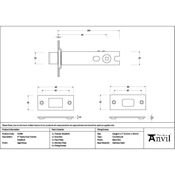 Aged Brass 4" Heavy Duty Tubular Deadbolt - Deadlocks & Deadbolts - From The Anvil - Yester Home
