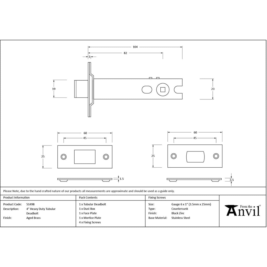 Aged Brass 4" Heavy Duty Tubular Deadbolt - Deadlocks & Deadbolts - From The Anvil - Yester Home