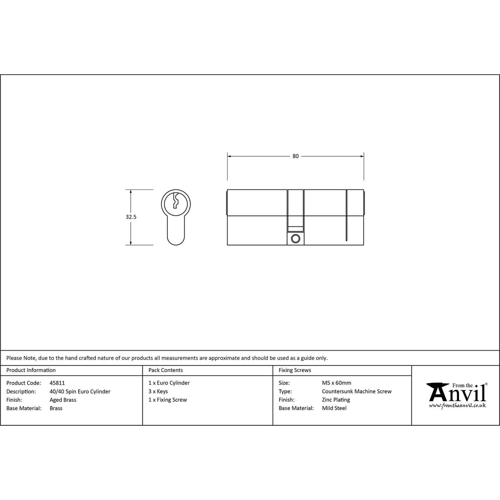 Aged Brass 40/40 5pin Euro Cylinder | From The Anvil - Euro Cylinders - From The Anvil - Yester Home