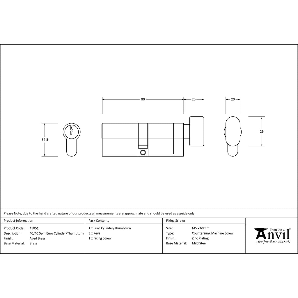 Aged Brass 40/40 5pin Euro Cylinder/Thumbturn | From The Anvil - Euro Cylinders - From The Anvil - Yester Home