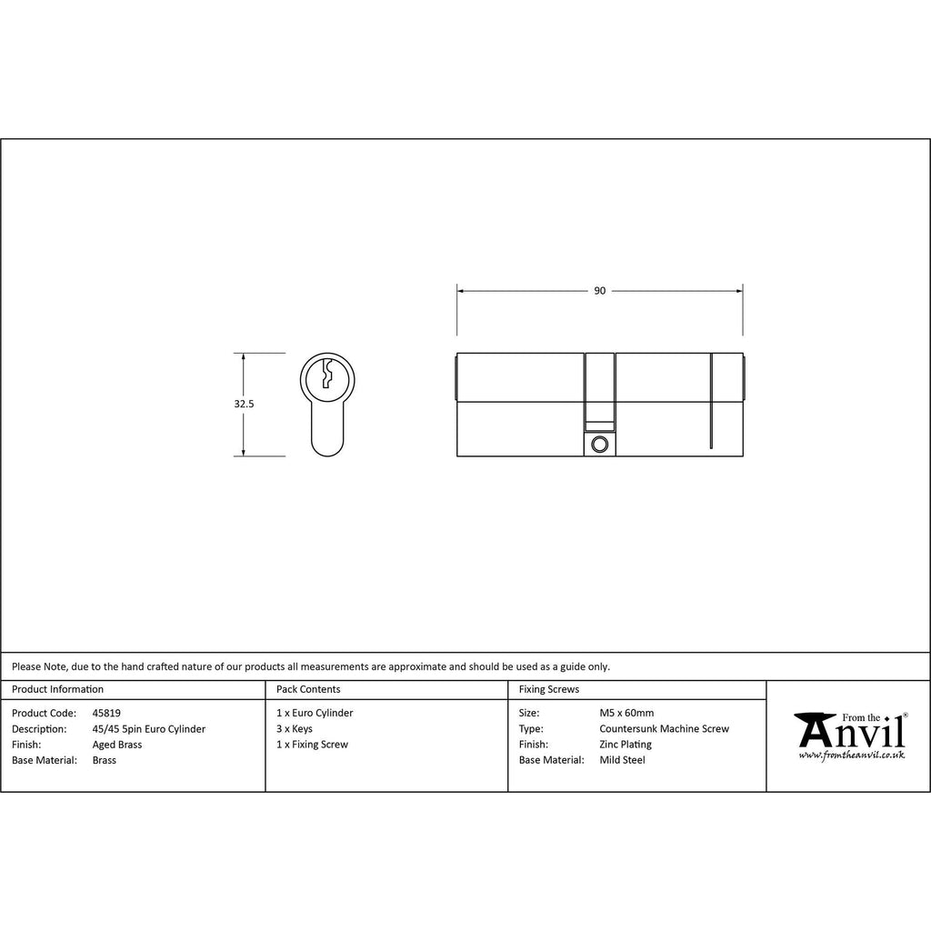 Aged Brass 45/45 5pin Euro Cylinder | From The Anvil - Euro Cylinders - From The Anvil - Yester Home