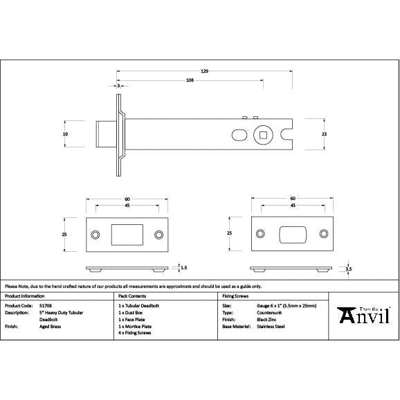 Aged Brass 5" Heavy Duty Tubular Deadbolt - Deadlocks & Deadbolts - From The Anvil - Yester Home