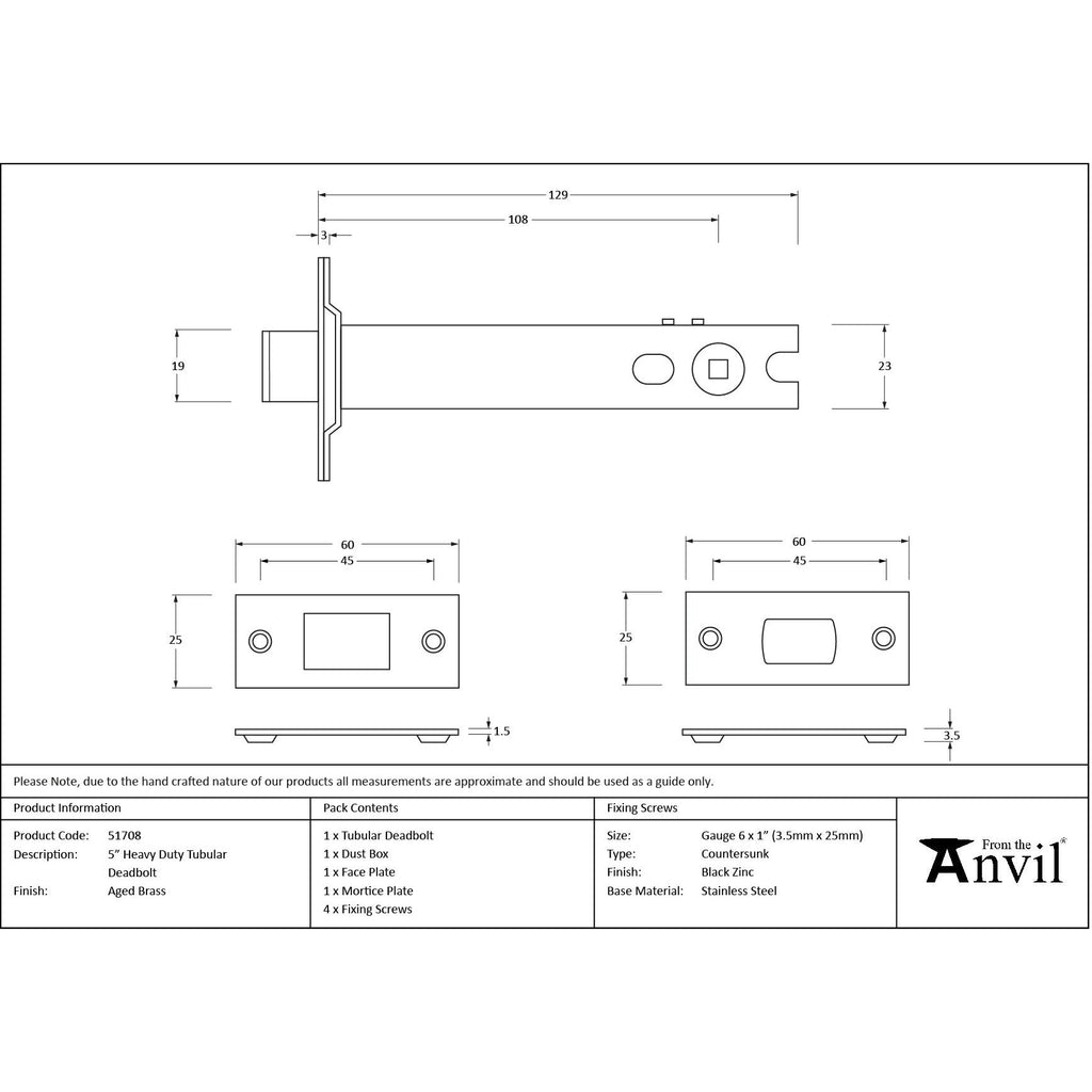 Aged Brass 5" Heavy Duty Tubular Deadbolt - Deadlocks & Deadbolts - From The Anvil - Yester Home