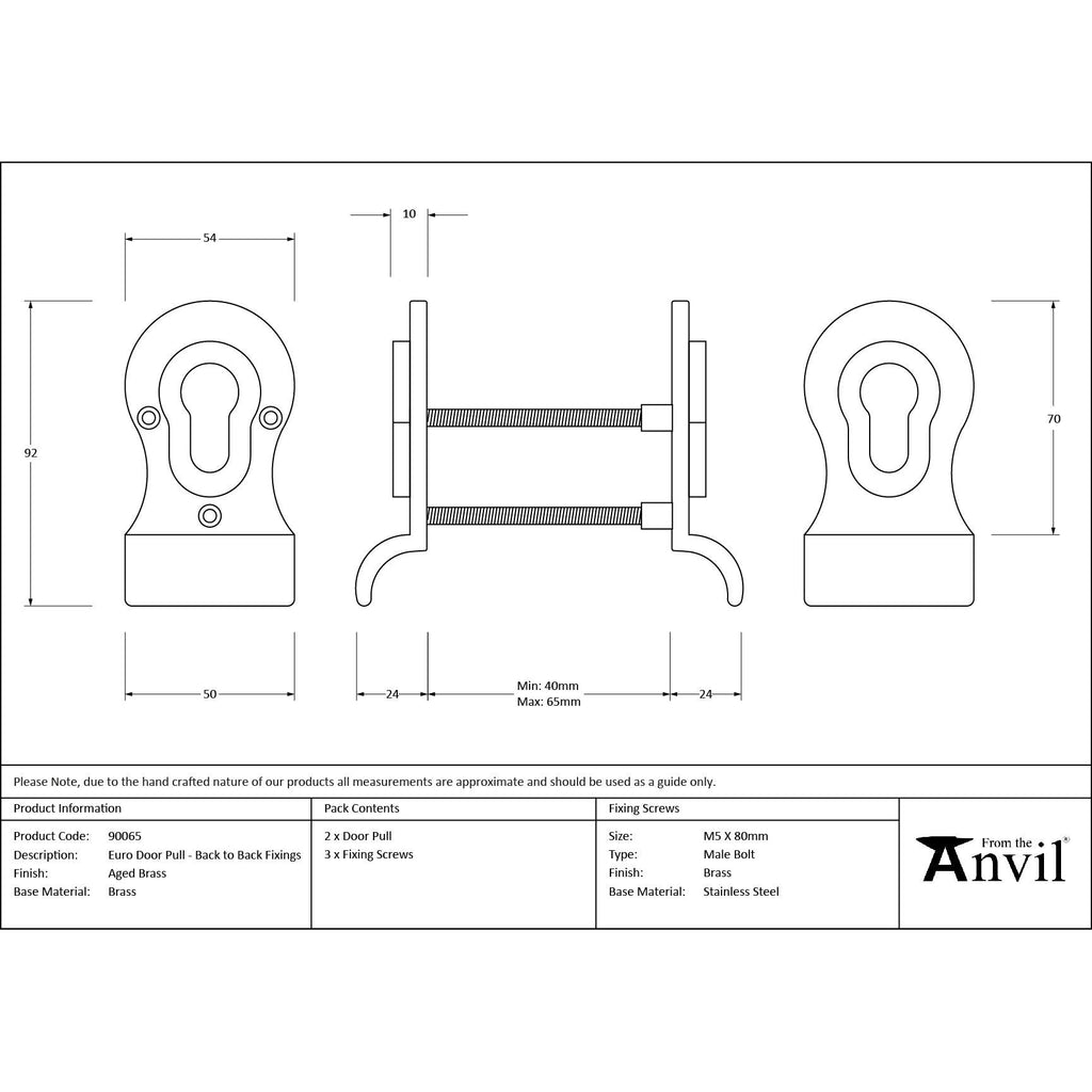 Aged Brass 50mm Euro Door Pull (Back to Back fixings) | From The Anvil - Euro Pulls - From The Anvil - Yester Home