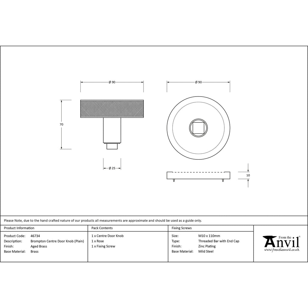 Aged Brass Brompton Centre Door Knob (Plain) | From The Anvil-Centre Door Knobs-Yester Home