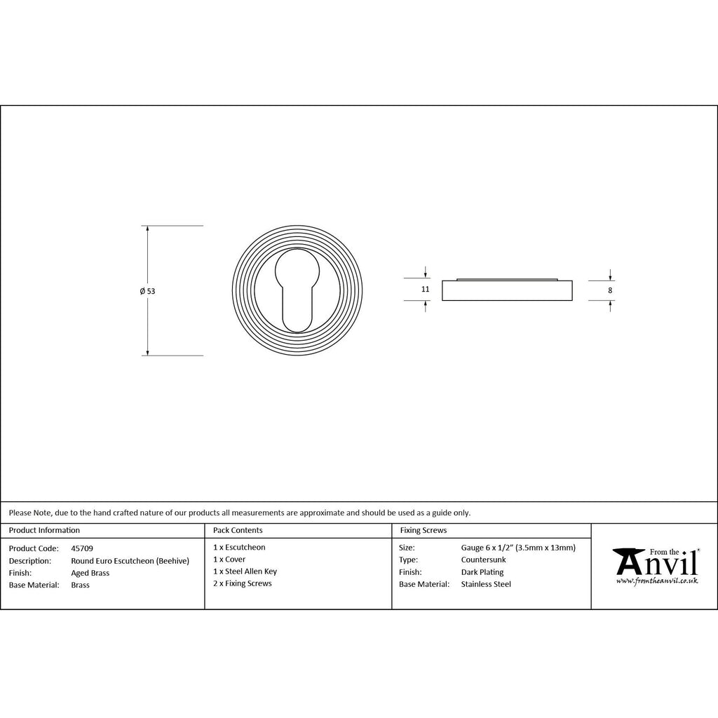 Aged Brass Round Euro Escutcheon (Beehive) | From The Anvil - Euro Escutcheons - From The Anvil - Yester Home