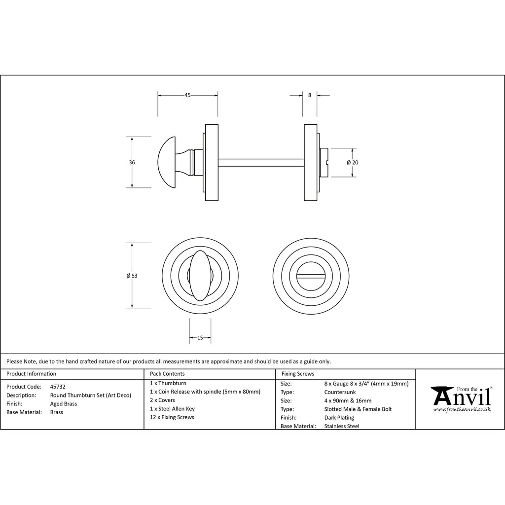 Aged Brass Round Thumbturn Set (Art Deco) | From The Anvil-Thumbturns-Yester Home