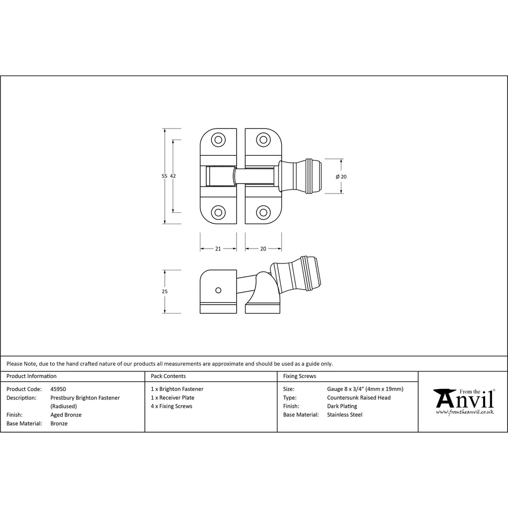 Aged Bronze Prestbury Brighton Fastener (Radiused) | From The Anvil-Fasteners-Yester Home