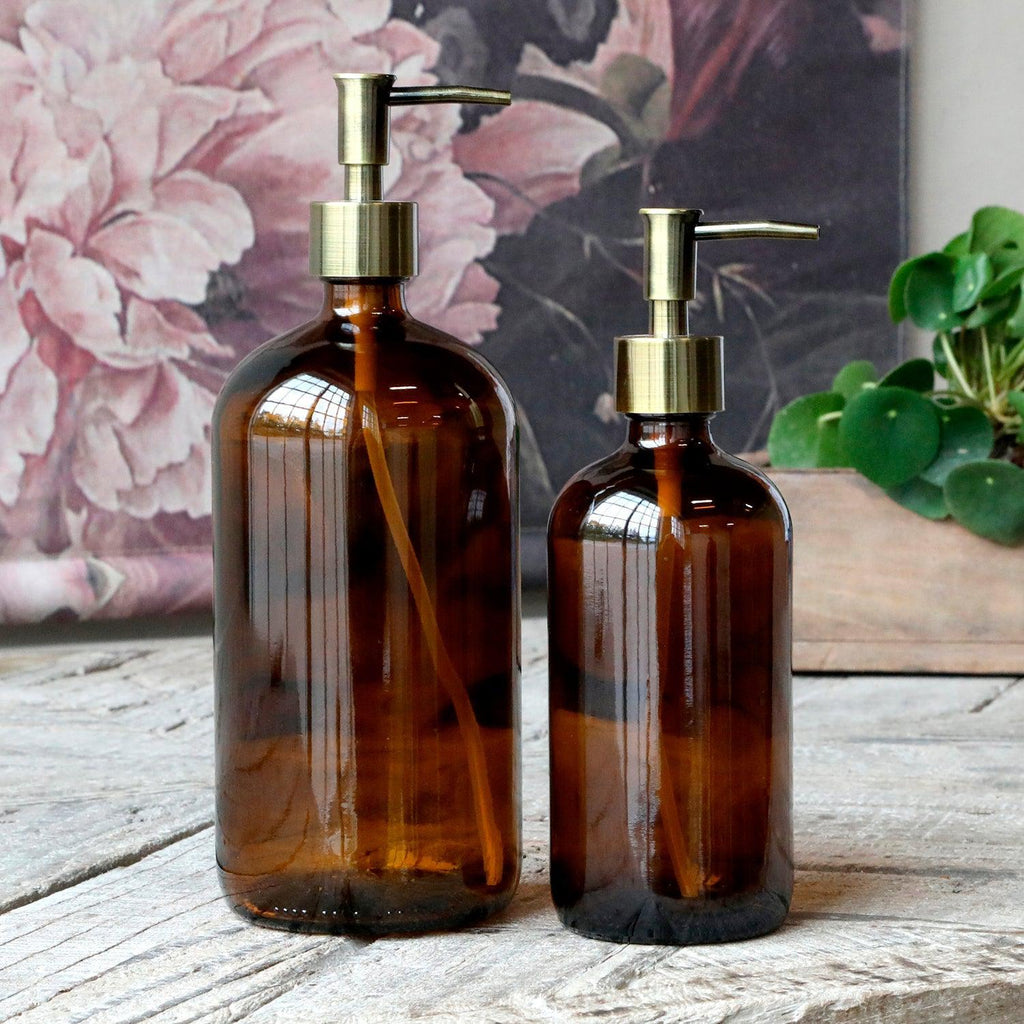 Amber Glass Bottle Soap Dispenser + Brass Pump-Soap Dispensers-Yester Home