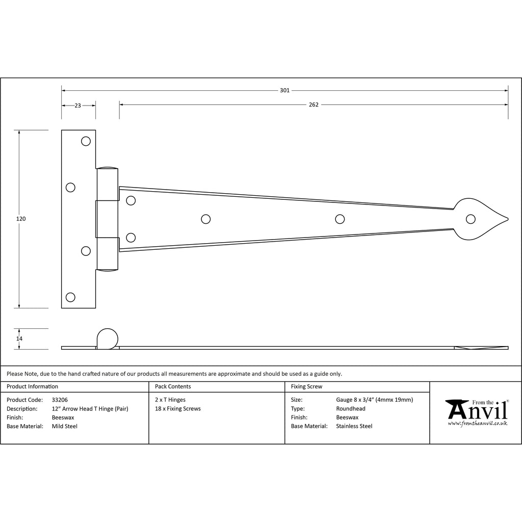 Beeswax 12" Arrow Head T Hinge (pair) | From The Anvil-T Hinges-Yester Home