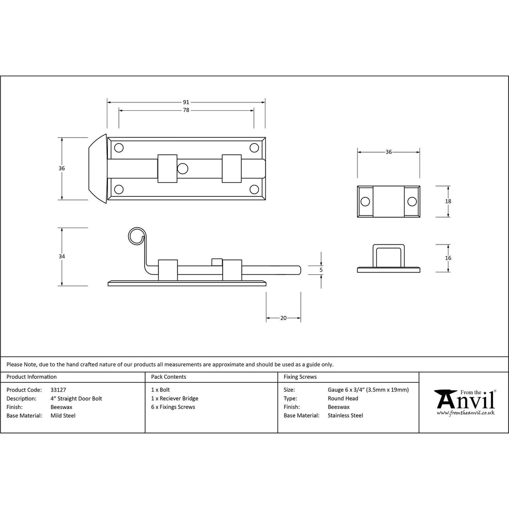 Beeswax 4" Straight Door Bolt | From The Anvil - Bolts - From The Anvil - Yester Home