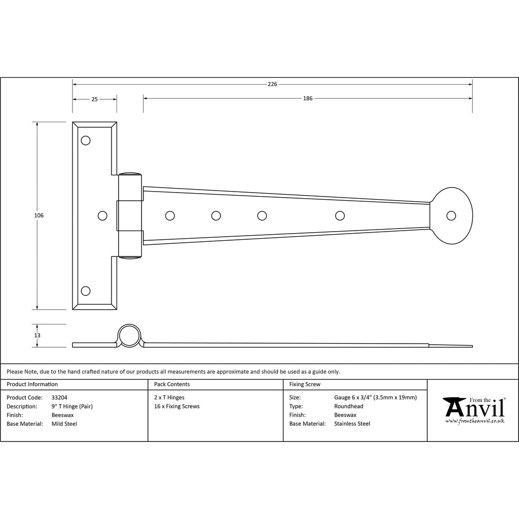 Beeswax 9" Penny End T Hinge (pair) | From The Anvil-T Hinges-Yester Home