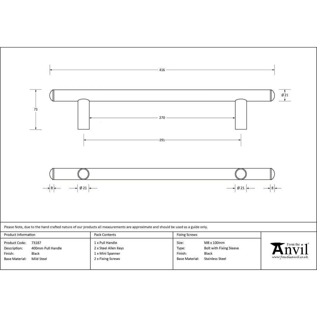 Black 400mm Pull Handle | From The Anvil-Pull Handles-Yester Home