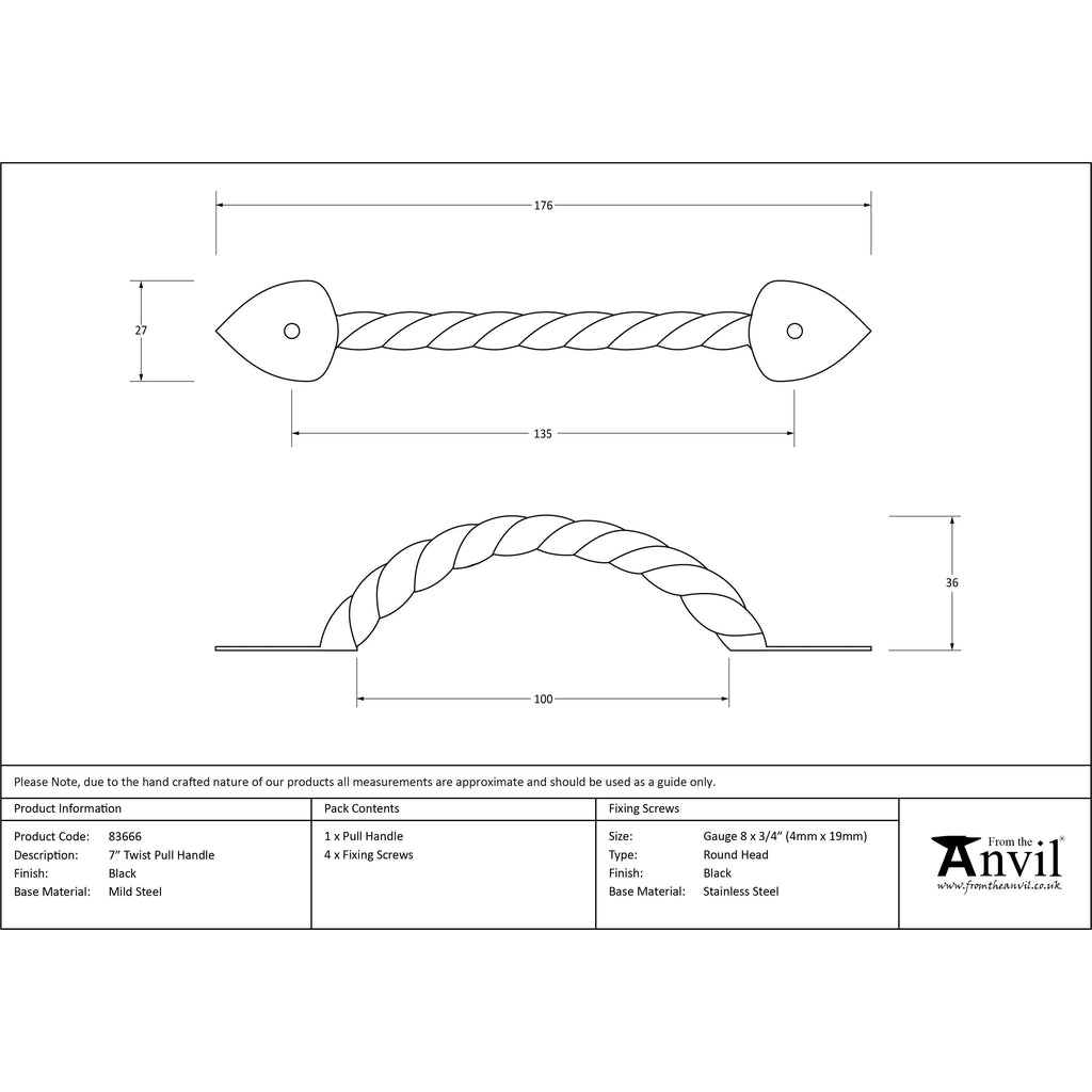 Black 7" Twist Pull Handle | From The Anvil-Pull Handles-Yester Home