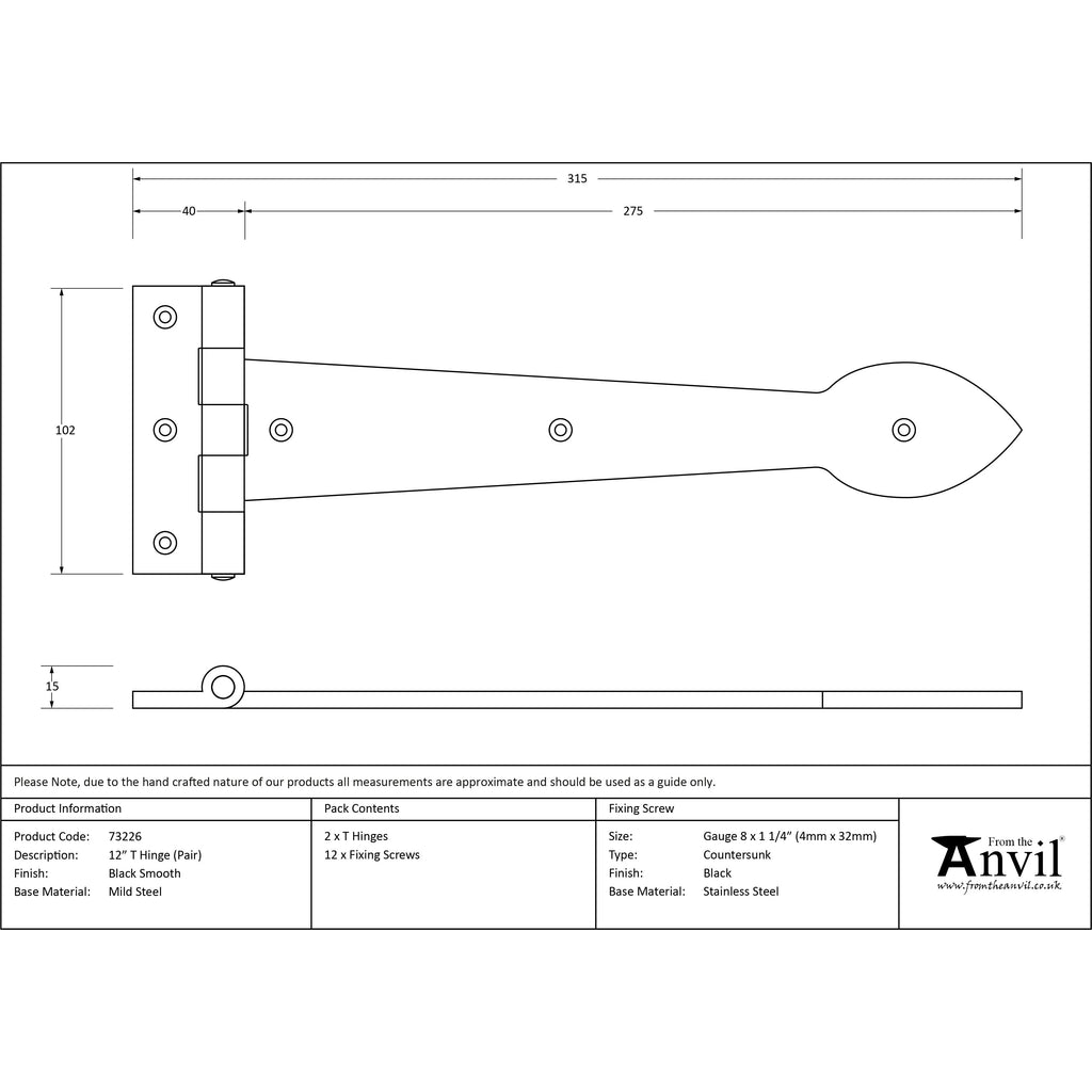 Black Smooth 12" Cast T Hinge (pair) | From The Anvil-T Hinges-Yester Home