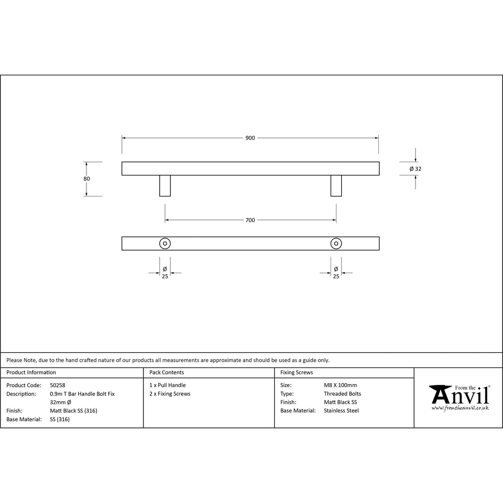 Matt Black SS (316) 0.9m T Bar Handle Bolt Fix 32mm Ø | From The Anvil-Pull Handles-Yester Home