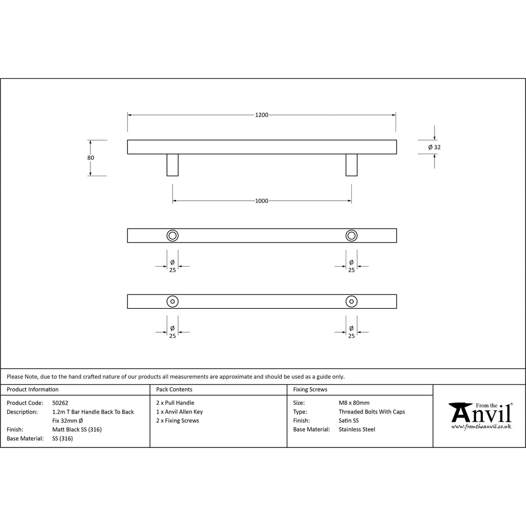 Matt Black SS (316) 1.2m T Bar Handle B2B Fix 32mm Ø | From The Anvil-Pull Handles-Yester Home