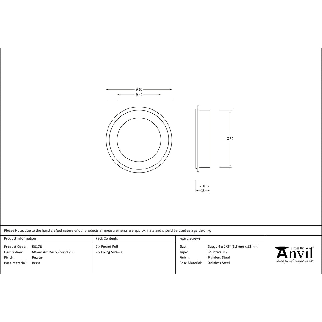 Pewter 60mm Art Deco Round Pull | From The Anvil-Cabinet Pulls-Yester Home