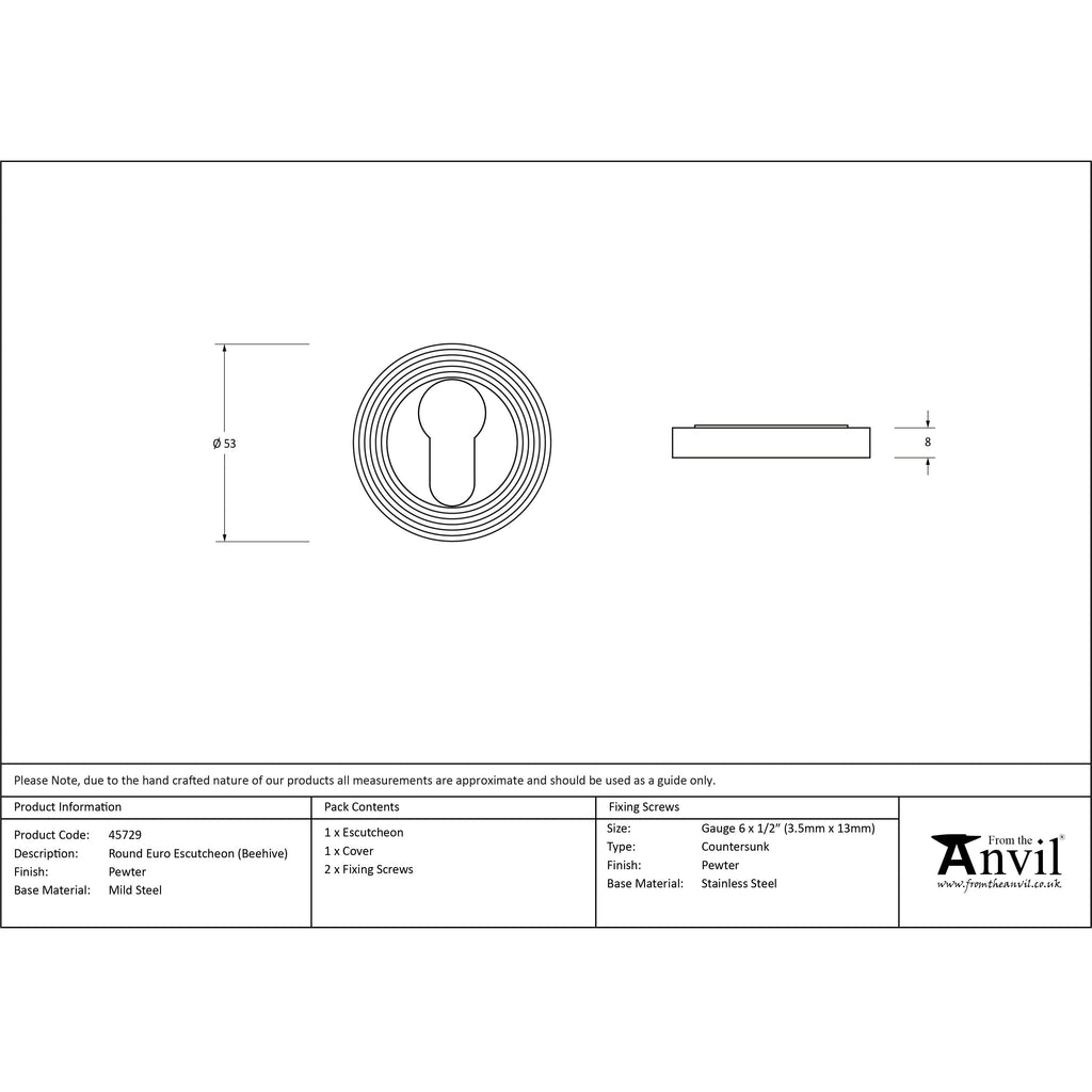 Pewter Round Euro Escutcheon (Beehive) | From The Anvil-Euro Escutcheons-Yester Home