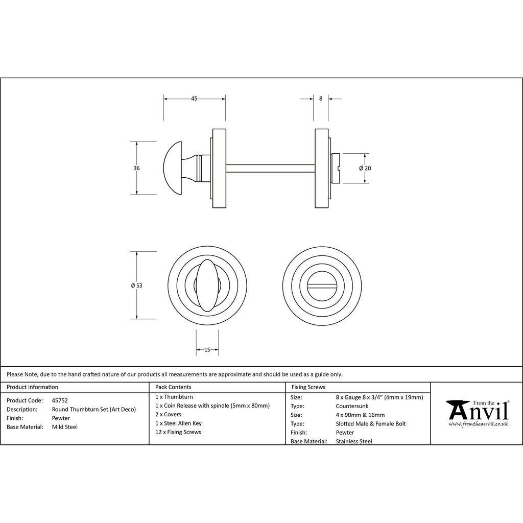 Pewter Round Thumbturn Set (Art Deco) | From The Anvil-Thumbturns-Yester Home