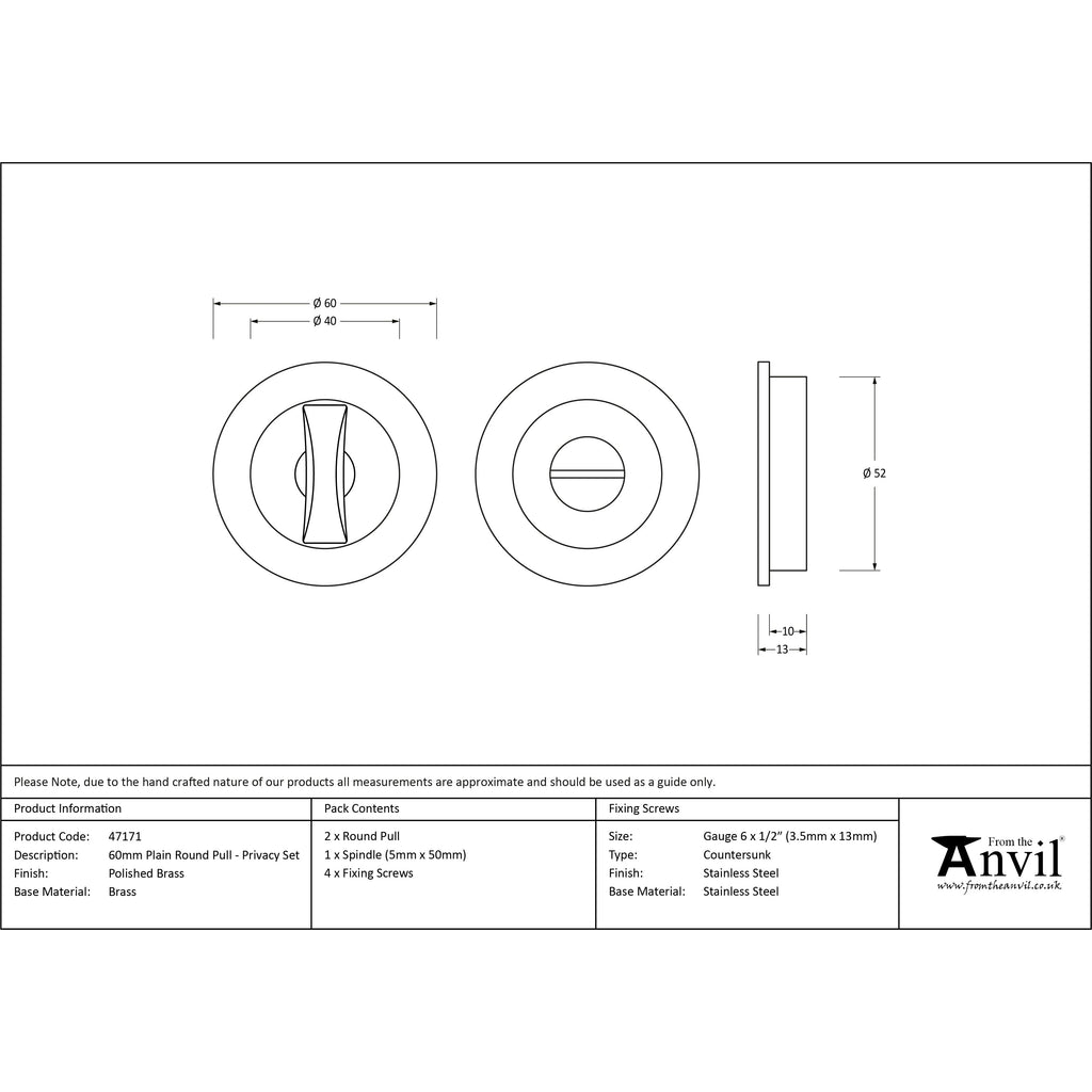 Polished Brass 60mm Plain Round Pull - Privacy Set | From The Anvil-Cabinet Pulls-Yester Home