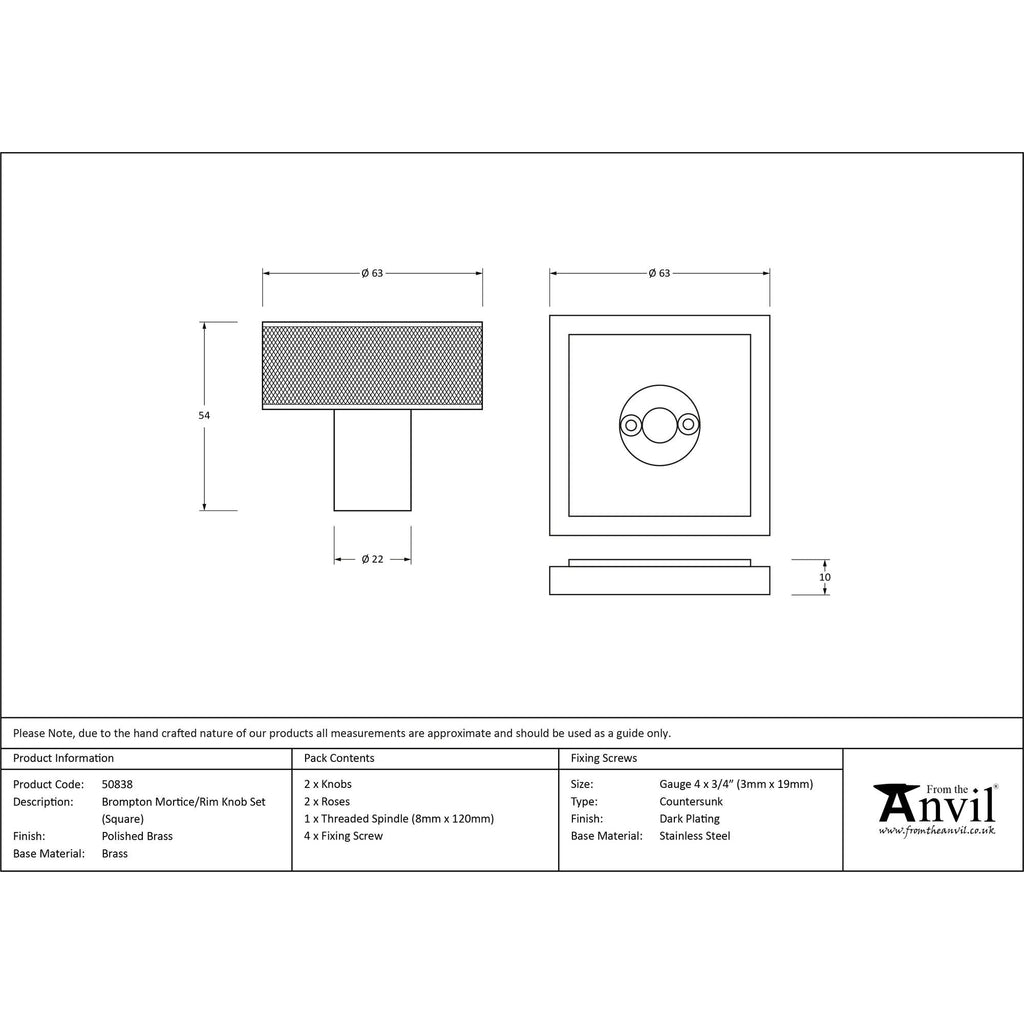 Polished Brass Brompton Mortice/Rim Knob Set Knob (Square) | From The Anvil - Mortice Knobs - From The Anvil - Yester Home