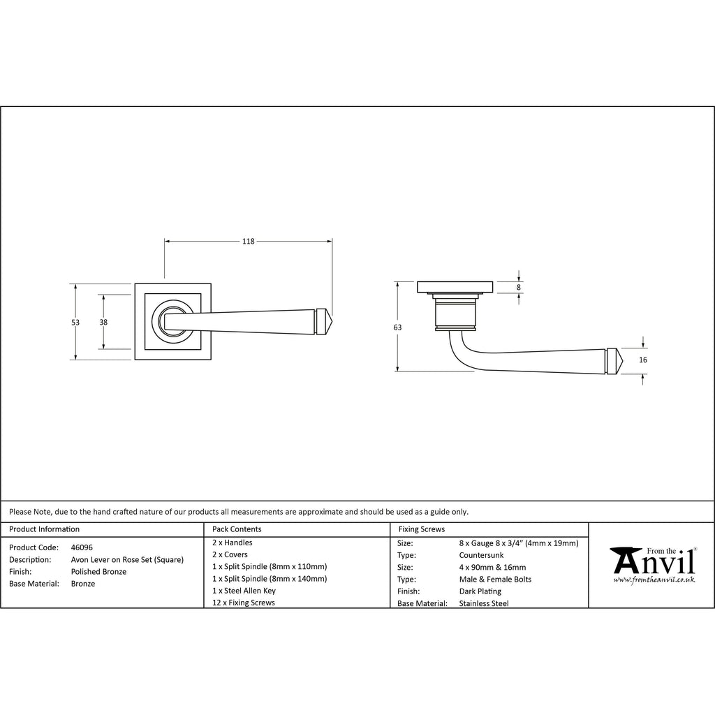 Polished Bronze Avon Round Lever on Rose Set (Square) | From The Anvil-Concealed-Yester Home