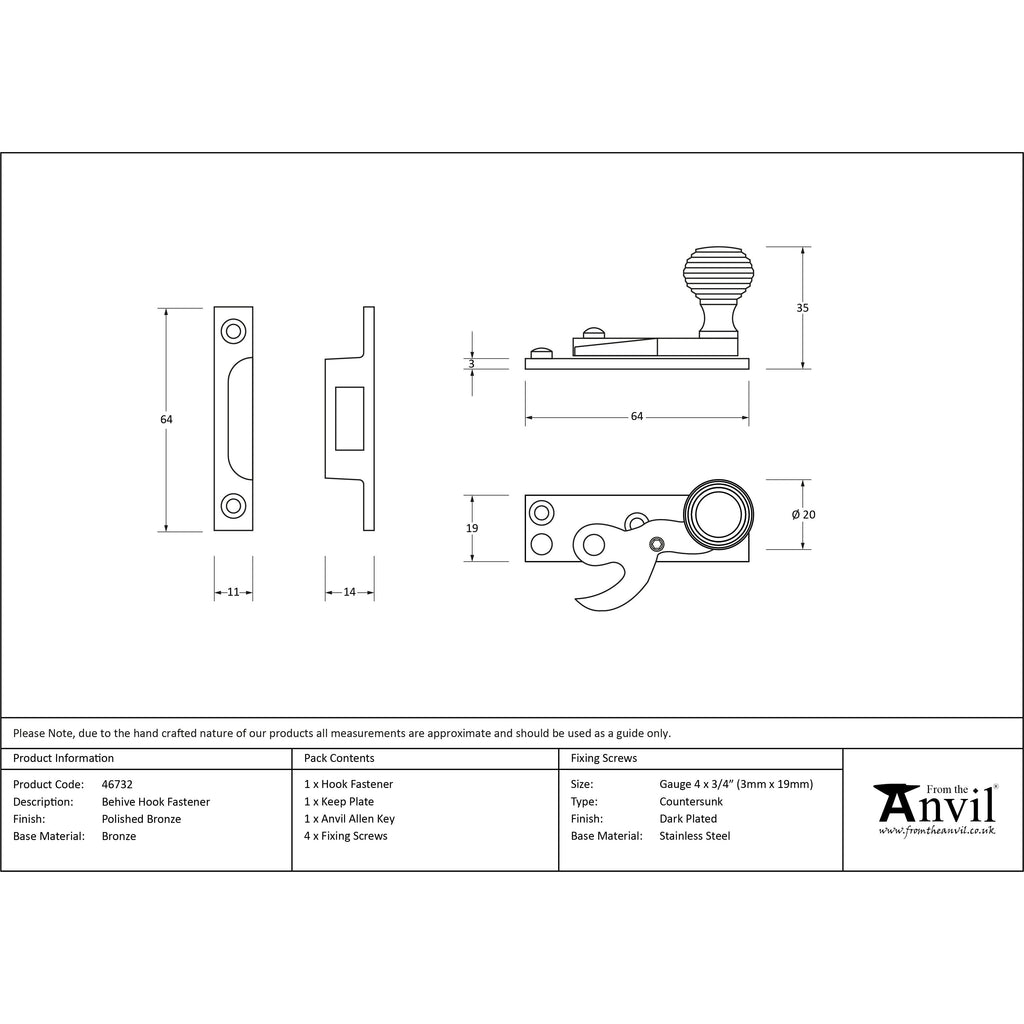 Polished Bronze Beehive Sash Hook Fastener | From The Anvil-Sash Hook Fasteners-Yester Home