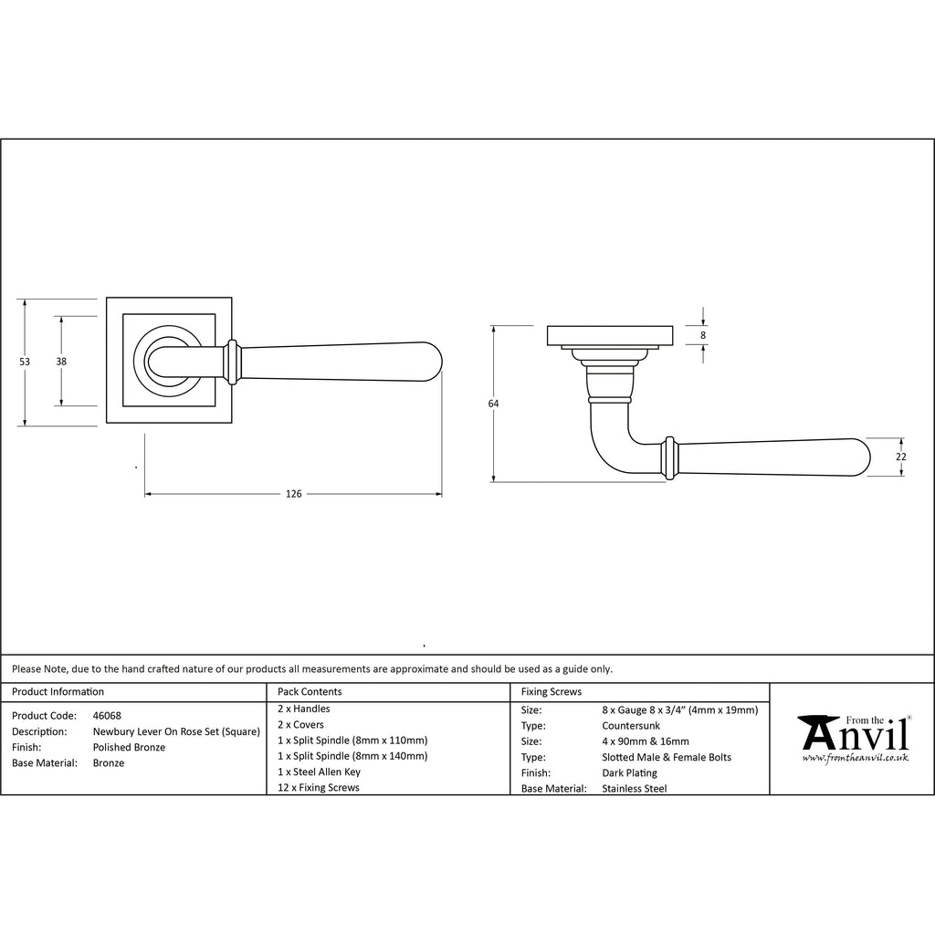 Polished Bronze Newbury Lever on Rose Set (Square) | From The Anvil-Concealed-Yester Home