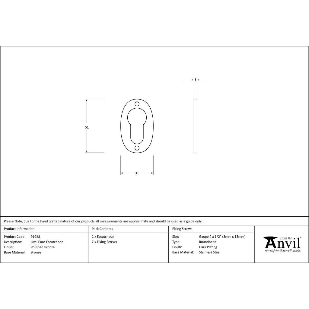 Polished Bronze Oval Euro Escutcheon | From The Anvil-Euro Escutcheons-Yester Home