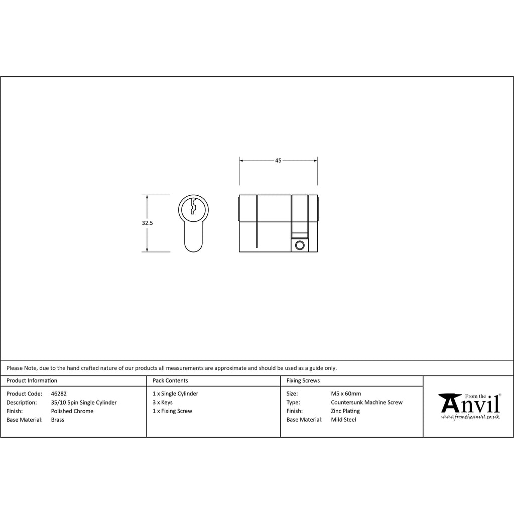 Polished Chrome 35/10 5pin Single Cylinder | From The Anvil-Euro Cylinders-Yester Home