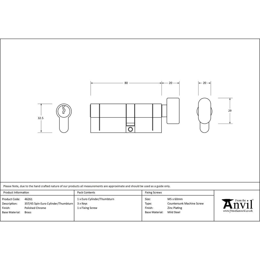 Polished Chrome 35T/45 5pin Euro Cylinder/Thumbturn | From The Anvil-Euro Cylinders-Yester Home