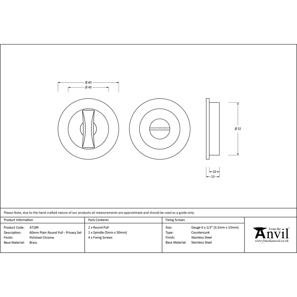 Polished Chrome 60mm Plain Round Pull - Privacy Set | From The Anvil-Cabinet Pulls-Yester Home