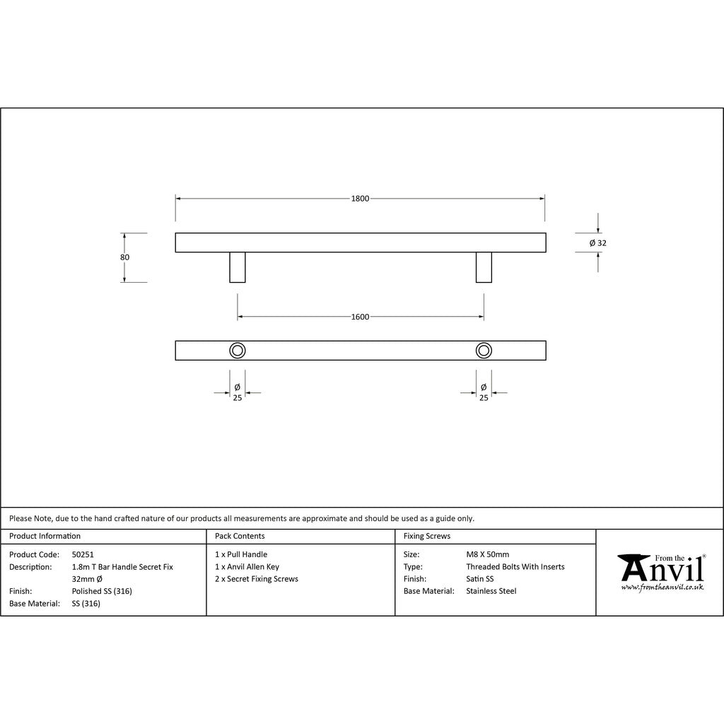 Polished Marine SS (316) 1.8m T Bar Handle Secret Fix 32mm Ø | From The Anvil-Pull Handles-Yester Home