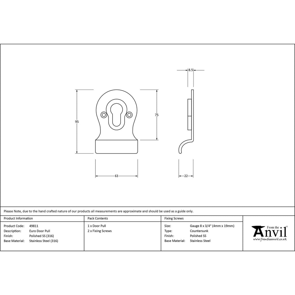 Polished Marine SS (316) Euro Door Pull | From The Anvil - Euro Pulls - From The Anvil - Yester Home
