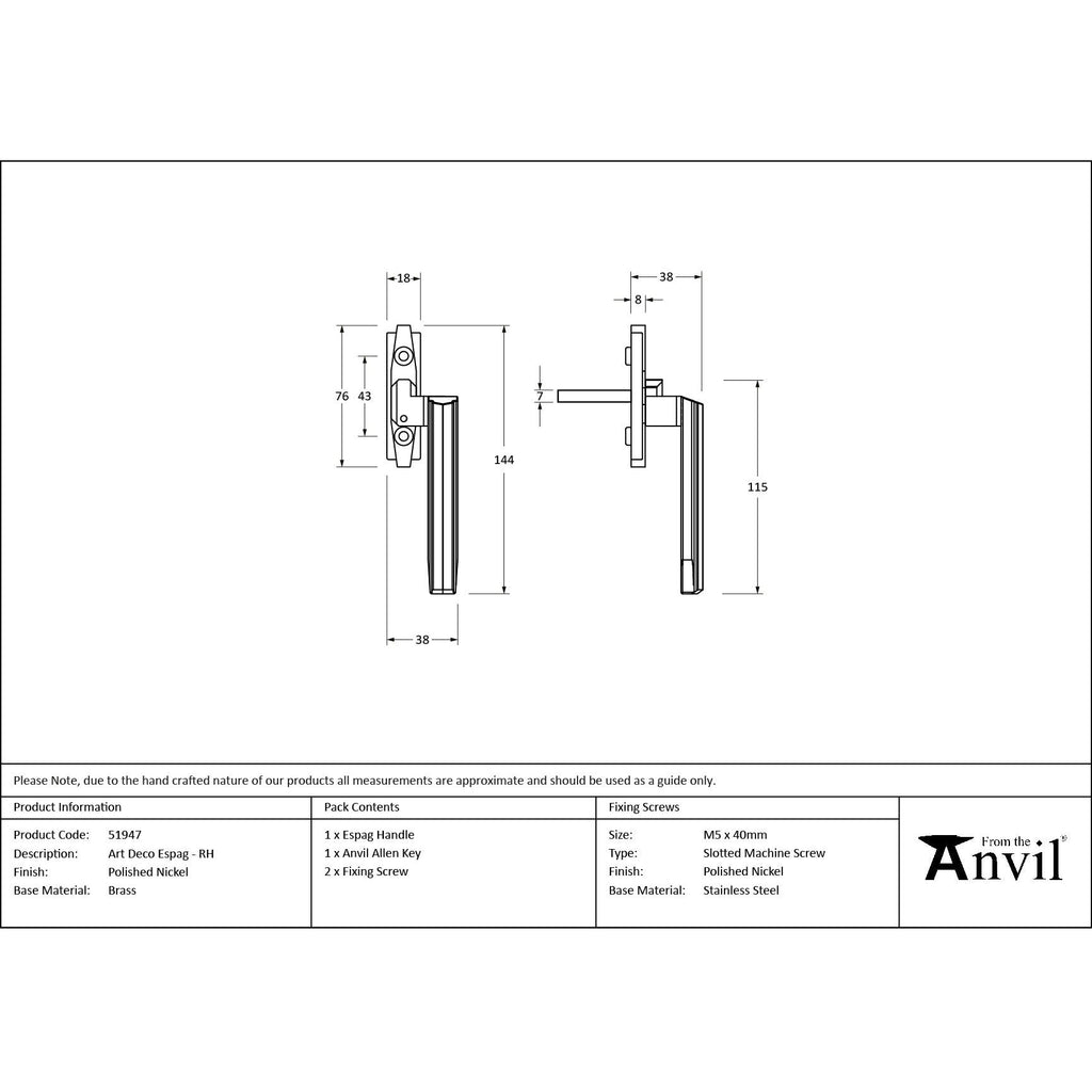 Polished Nickel Art Deco Espag - RH - Espag. Fasteners - From The Anvil - Yester Home