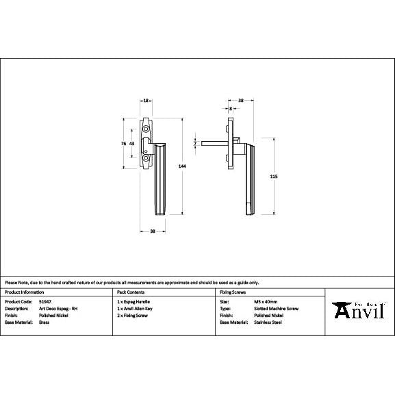 Polished Nickel Art Deco Espag - RH - Espag. Fasteners - From The Anvil - Yester Home