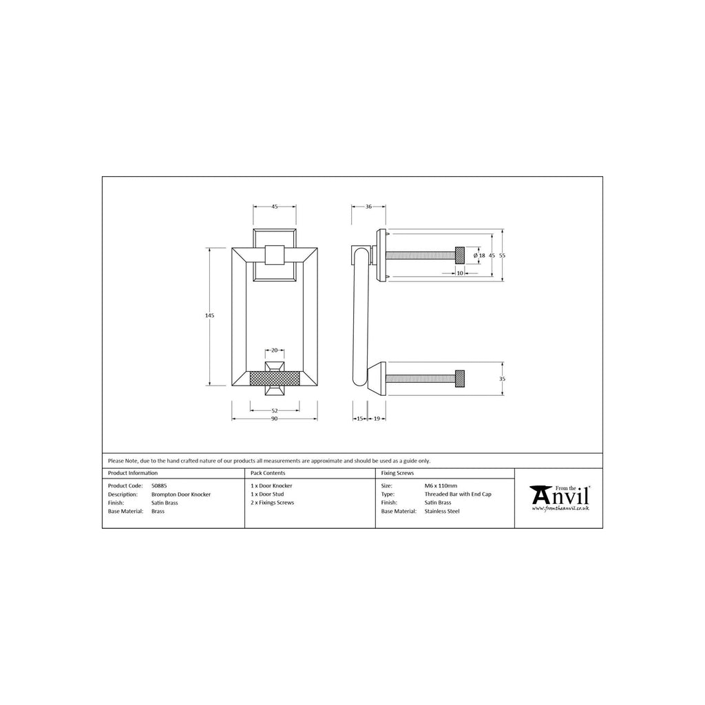 Satin Brass Brompton Door Knocker | From The Anvil - Bolt-Through Door Knockers - From The Anvil - Yester Home