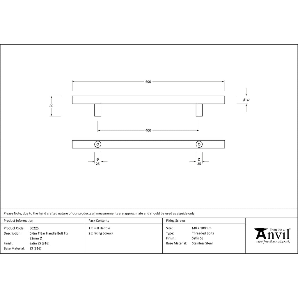 Satin Marine SS (316) 0.6m T Bar Handle Bolt Fix 32mm Ø | From The Anvil-Pull Handles-Yester Home