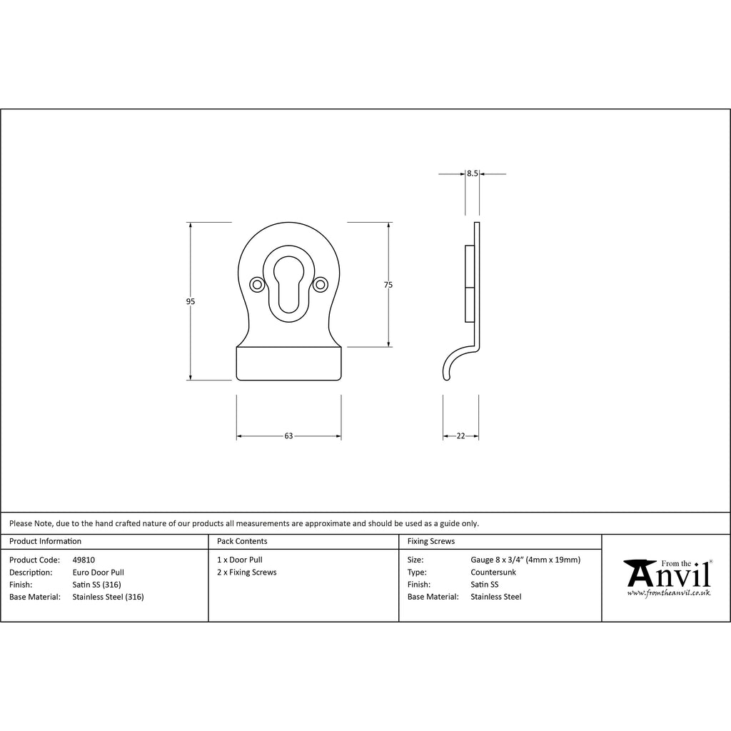 Satin Marine SS (316) Euro Door Pull | From The Anvil-Euro Pulls-Yester Home