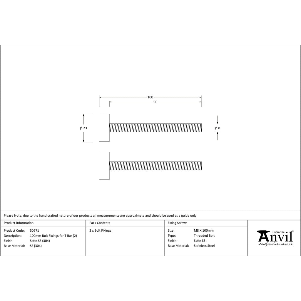 Satin SS (304) 100mm Bolt Fixings for T Bar (2) | From The Anvil-Pull Handles-Yester Home